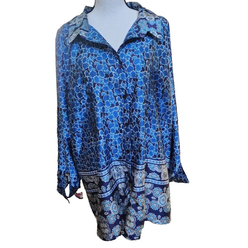 NAIF Size 2X Blue Silky Long Blouse Tab Sleeves Pockets Button Front